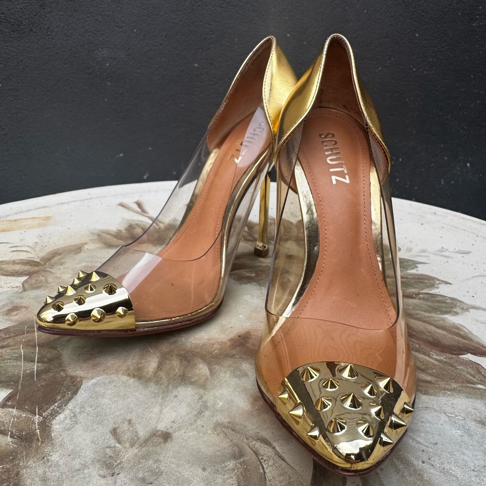 SCHUTZ Gold and Tan Studded Heels